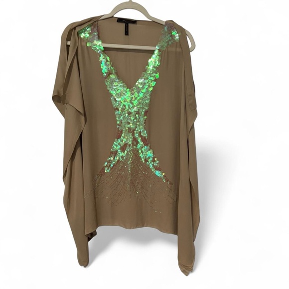 Ibiza Euro summer boho tan sheer loose fit drapes sequins top small - Picture 1 of 8